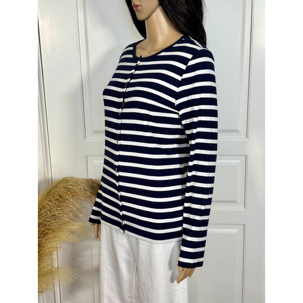 TALBOTS NAVY BLUE AND WHITE STRIPE CARDIGAN SIZE MEDIUM - Picture 4 of 10